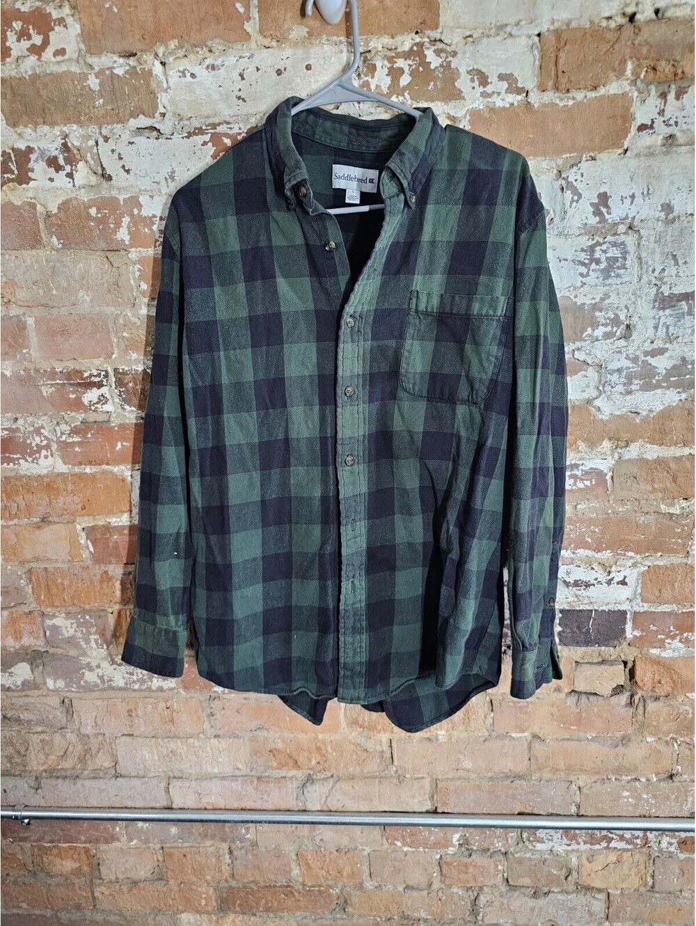 Saddlebred Men's L Green Black Buffalo Plaid Flannel Shirt Cotton Grunge